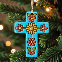 Load image into Gallery viewer, Playful Flowers Cross Crafted Ornament