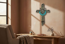 Load image into Gallery viewer, Turquoise Horseshoe on Polyresin Driftwood Cross