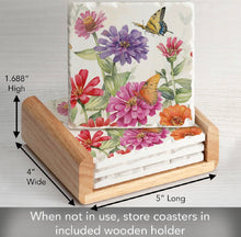 Load image into Gallery viewer, Zinnias & Butterfly Stone Coasters in Wooden Holder S/4