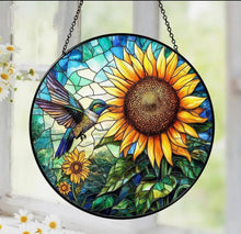 Load image into Gallery viewer, Sunflower & Hummingbird Stained Glass Suncatcher
