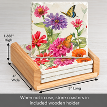 Load image into Gallery viewer, Zinnias & Butterfly Stone Coasters in Wooden Holder- S/4