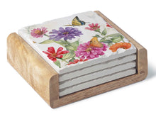 Load image into Gallery viewer, Zinnias & Butterfly Stone Coasters in Wooden Holder S/4