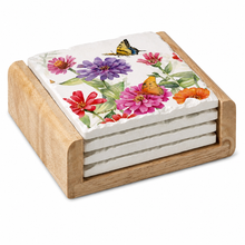 Load image into Gallery viewer, Zinnias & Butterfly Stone Coasters in Wooden Holder S/4