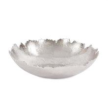 Load image into Gallery viewer, This unique bowl is fashioned from metal and features "torn" edges. It is finished with a bright metallic silver. Console tables, book shelves, desks or any other place that an accent is needed, are the perfect places for this decorative bowl. But that's not all! This piece comes with hardware so that you can hang it on the wall for a sculptural wall art piece! Pair with the other colors and sizes for a striking collection on your wall or table! *For decoration ONLY. Item is NOT food safe or suitable to hol