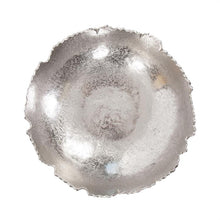 Load image into Gallery viewer, This unique bowl is fashioned from metal and features "torn" edges. It is finished with a bright metallic silver. Console tables, book shelves, desks or any other place that an accent is needed, are the perfect places for this decorative bowl. But that's not all! This piece comes with hardware so that you can hang it on the wall for a sculptural wall art piece! Pair with the other colors and sizes for a striking collection on your wall or table! *For decoration ONLY. Item is NOT food safe or suitable to hol