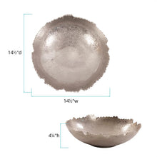 Load image into Gallery viewer, This unique bowl is fashioned from metal and features "torn" edges. It is finished with a bright metallic silver. Console tables, book shelves, desks or any other place that an accent is needed, are the perfect places for this decorative bowl. But that's not all! This piece comes with hardware so that you can hang it on the wall for a sculptural wall art piece! Pair with the other colors and sizes for a striking collection on your wall or table! *For decoration ONLY. Item is NOT food safe or suitable to hol