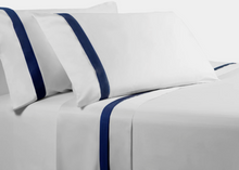 Load image into Gallery viewer, White Sheet Set with Navy Edge- King