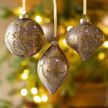 Load image into Gallery viewer, Gold/Plum Scroll Pattern Glass Ornament