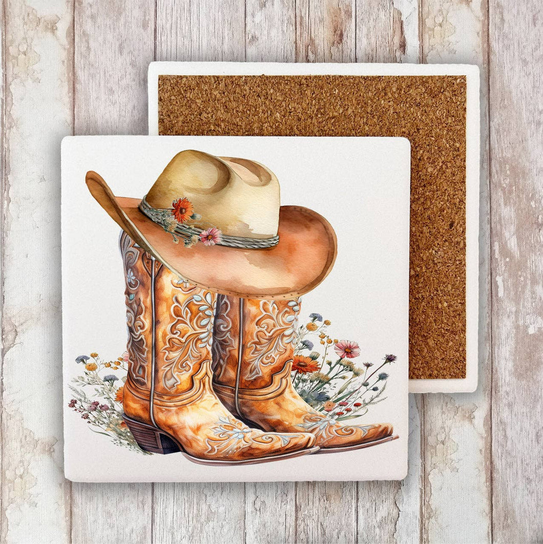 Western Cowboy Boots Country Flowers Stone Coaster