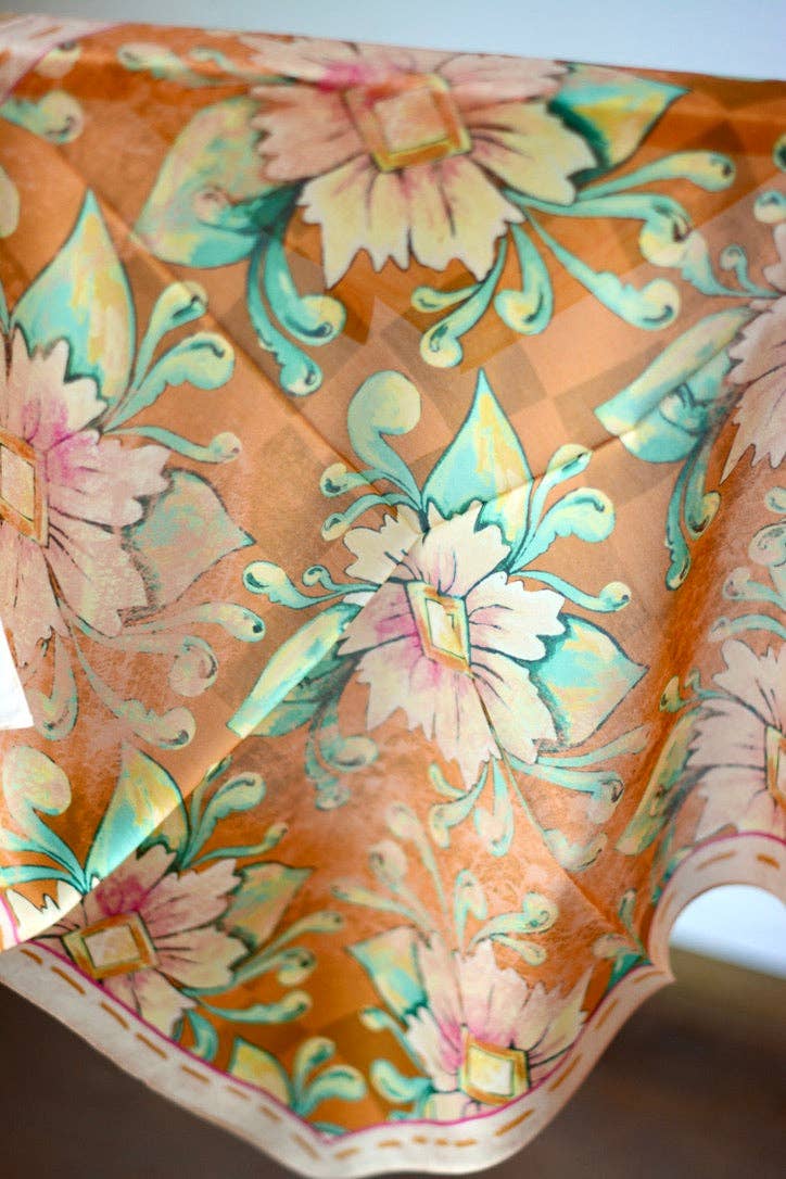 Western Peach Floral Silk Neck Scarf