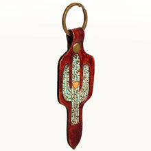 Load image into Gallery viewer, Hand-Tooled Leather Turquoise Cactus Keyring
