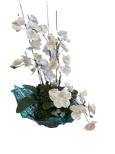 Load image into Gallery viewer, White Orchids with Succulents &amp; Crystals in Teal Bowl
