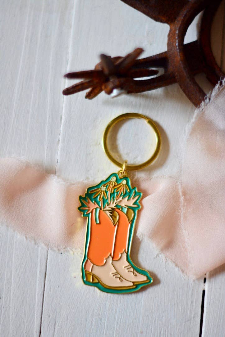 Peach Daisy Cowboy Boot Keychain