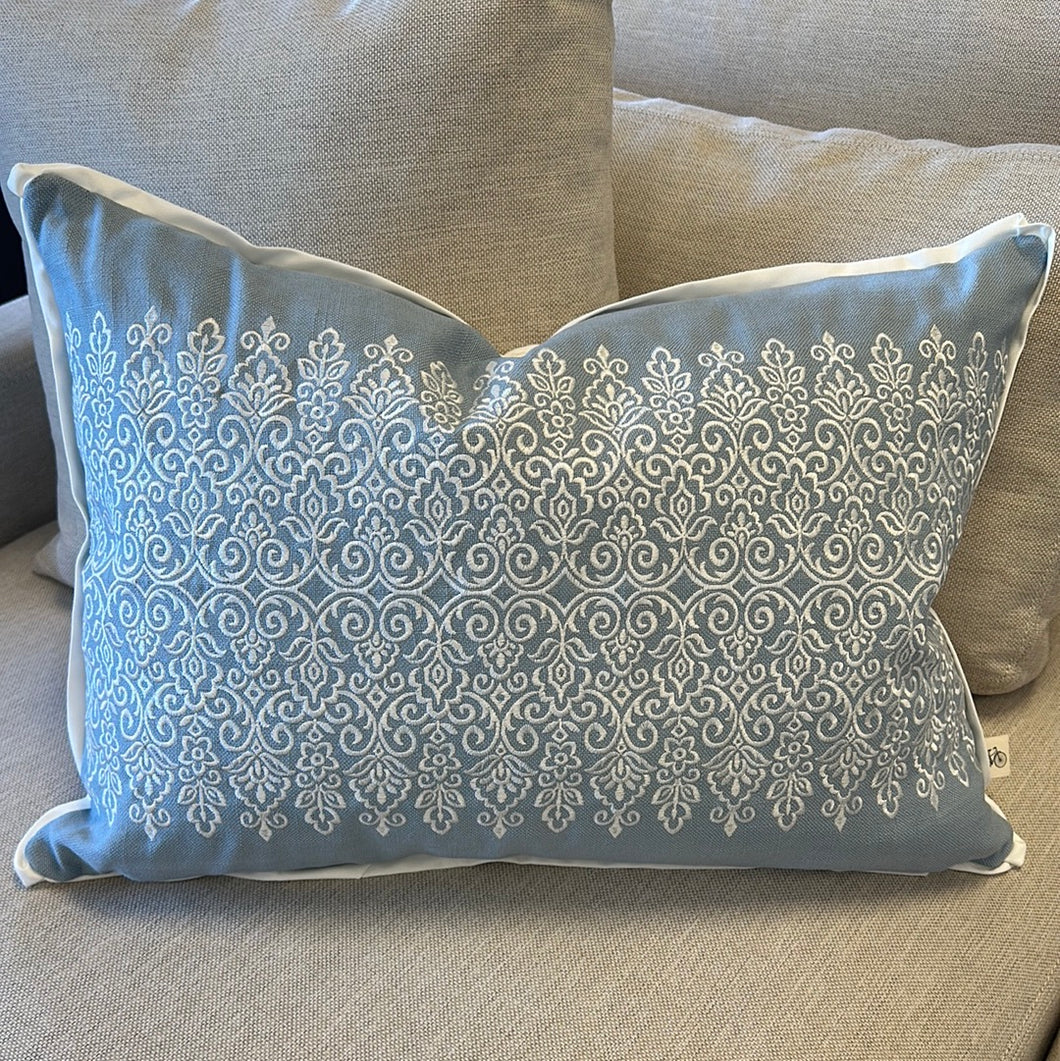 Lumbar Embroidery Pillow in White on Light Blue