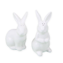 Load image into Gallery viewer, Two white ceramic rabbit-shaped salt and pepper shakers on a white background
