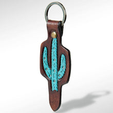 Load image into Gallery viewer, Hand-Tooled Leather Turquoise Saguaro Keyring
