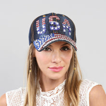 Load image into Gallery viewer, USA Patriotic Bling Brim Denim Cap
