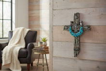 Load image into Gallery viewer, Turquoise Horseshoe on Polyresin Driftwood Cross
