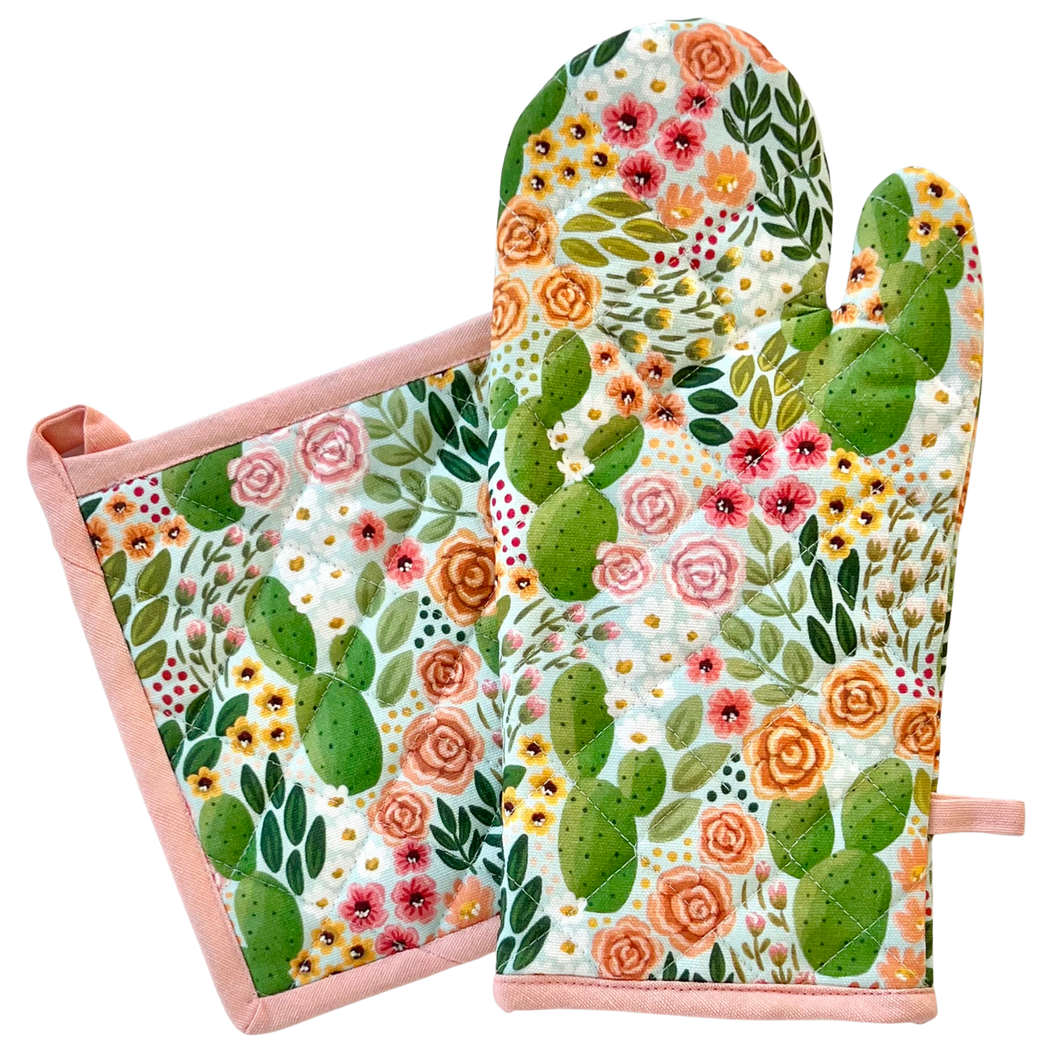 Cactus Blooms Oven Mitt + Pot Holder/Set