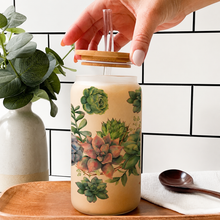 Load image into Gallery viewer, Succulent Frosted Glass Tumbler w/ Bamboo Lid &amp; Glass Straw
