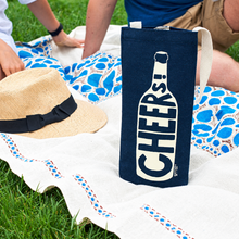 Load image into Gallery viewer, Denim “Cheers" Wine Tote Bag
