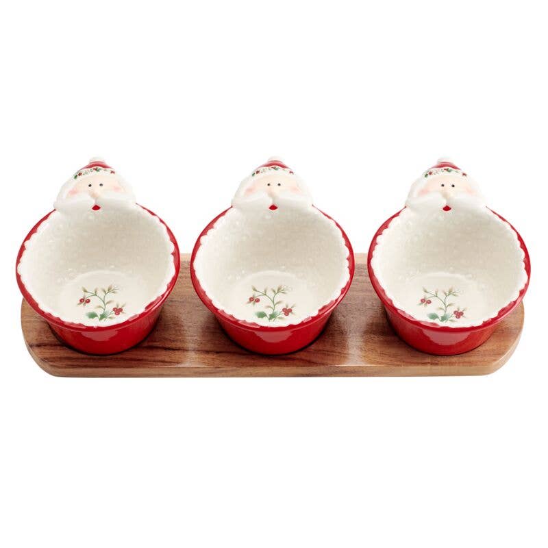 Winterberry Set with Santa Dip Bowls on Wood Base