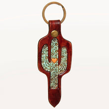 Load image into Gallery viewer, Hand-Tooled Leather Turquoise Cactus Keyring
