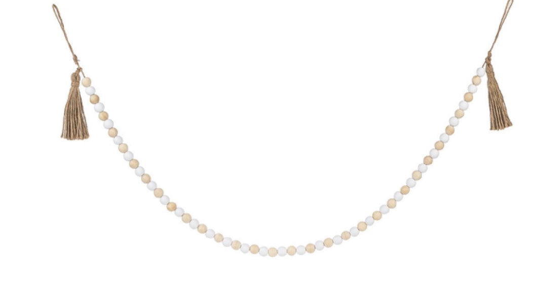 Natural/White Wood Beaded Garland w/ Tassel