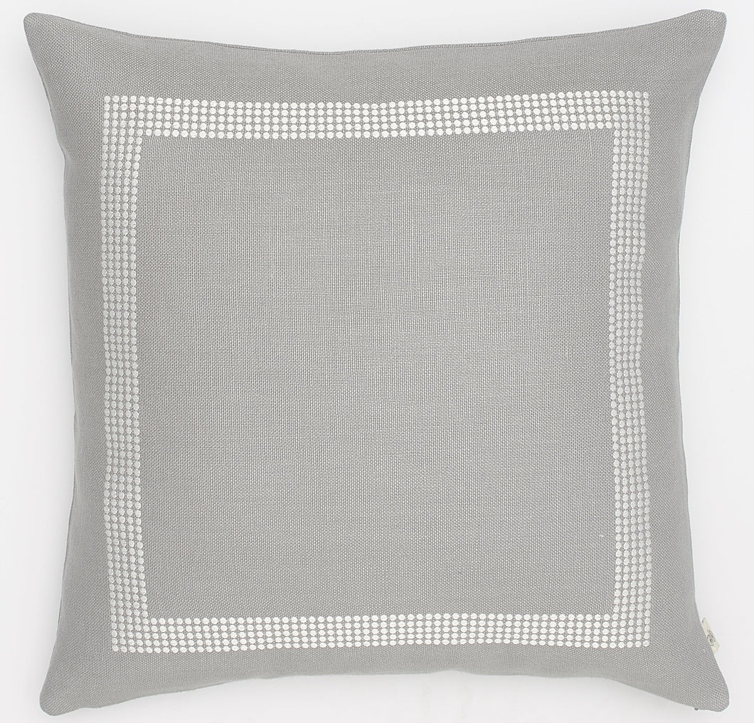 Embroidered White Frame Dots on Grey Linen Bed Pillow