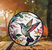 Load image into Gallery viewer, Poppies &amp; Hummingbird Stained Glass Suncatcher
