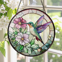 Load image into Gallery viewer, Florals &amp; Hummingbird Stained Glass Suncatcher
