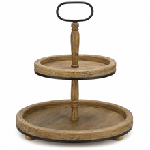 Load image into Gallery viewer, Two Tier Natural Wood Tray w/ Metal Handle
