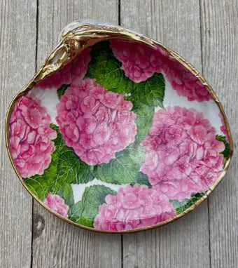 Decoupage Pink Hydrangea Scallop Dish