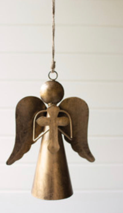 Antique Brass Angel Door Hanger Holding a Cross