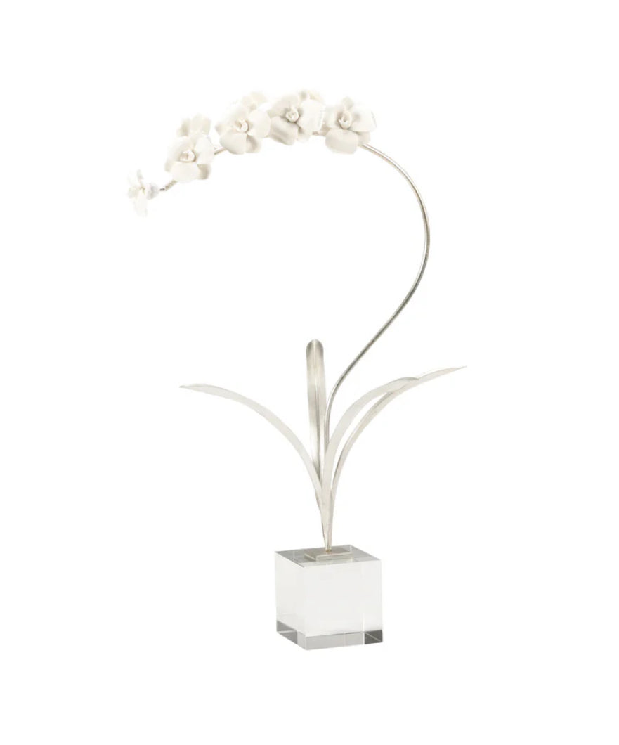 Porcelain Orchid Stem in Silver Leaf Iron on Crystal Base