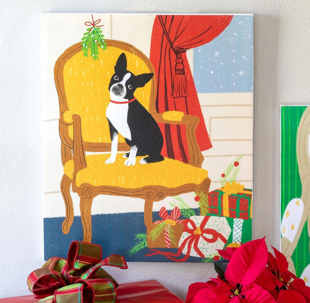 Holiday Canvas Artwork Sitting Bulldog On Chair