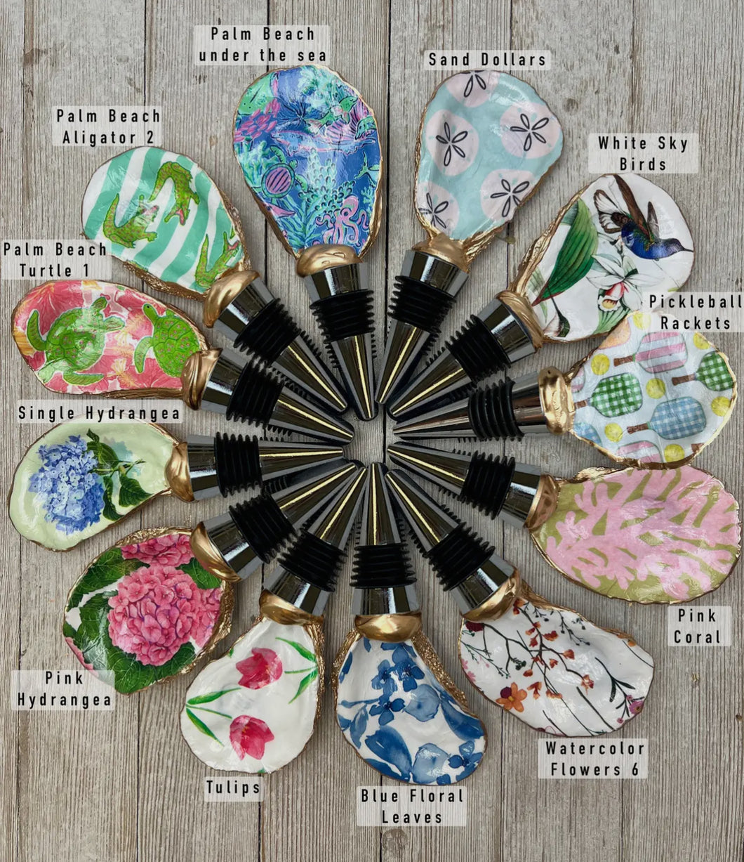 Hand Painted Oyster Shell Wine Bottle Stopper Collection