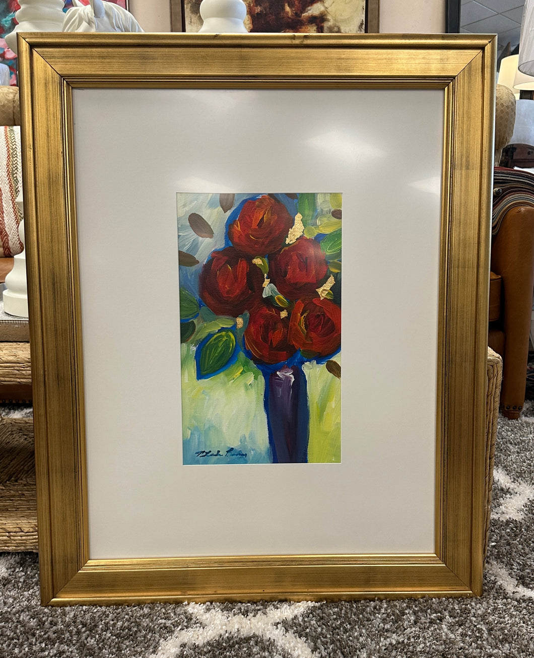 Red Rose Bouquet Artwork in Gold Frame