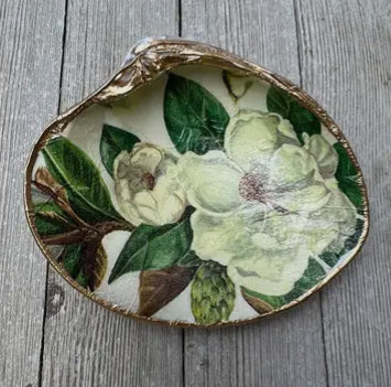 Decoupage Magnolia Clam Shell Dish