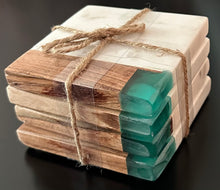 Load image into Gallery viewer, Marble &amp; Wood Teal Coaster Set
