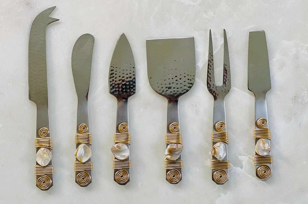Mother of Pearl and Steel Cheese Tools (Set of 6)