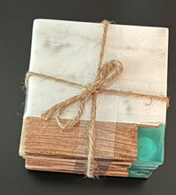 Load image into Gallery viewer, Marble &amp; Wood Teal Coaster Set
