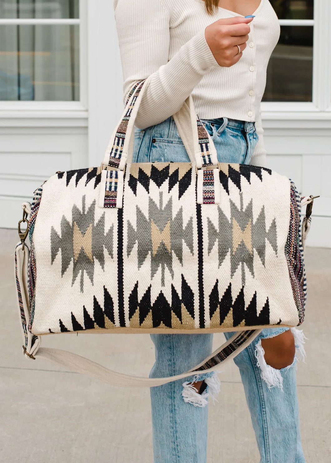 Cream/Tan/Black/Gray Aztec Duffel Handbag