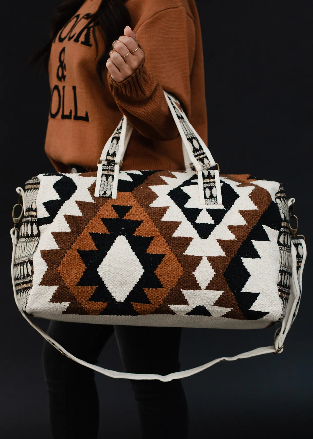 Cream/Black/Brown Aztec Duffel Handbag