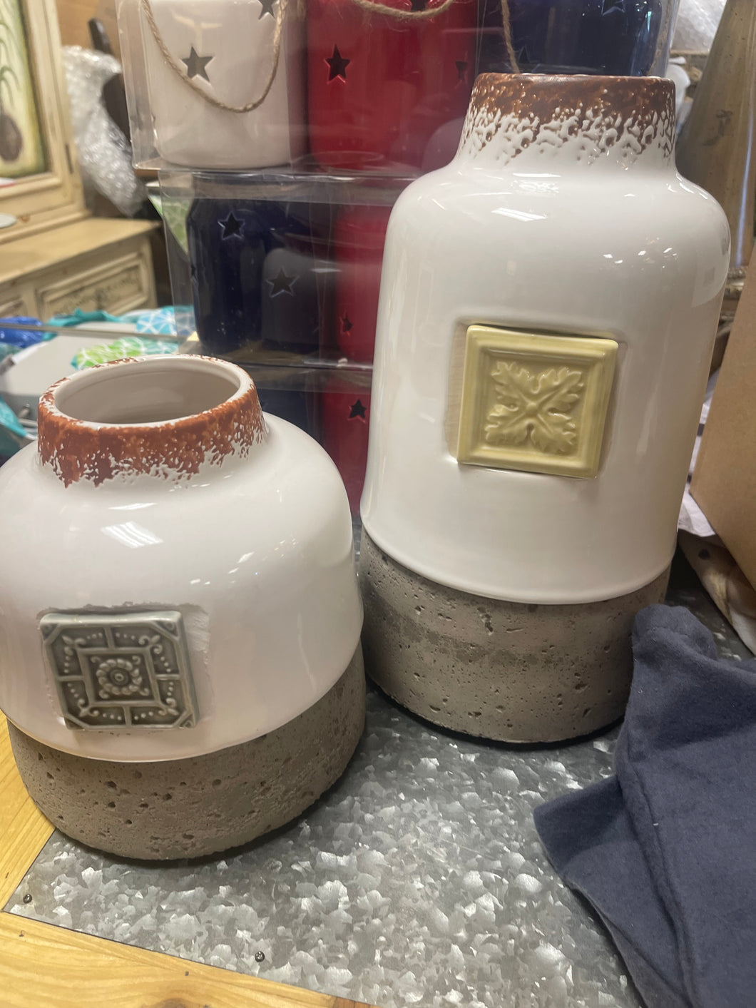 Ceramic Vases w/ Cement Base- Set 2