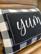 Load image into Gallery viewer, B&amp;W Gingham “Yum” Pillow
