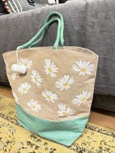 Load image into Gallery viewer, White Daisy &amp; Turquoise Beach Bag
