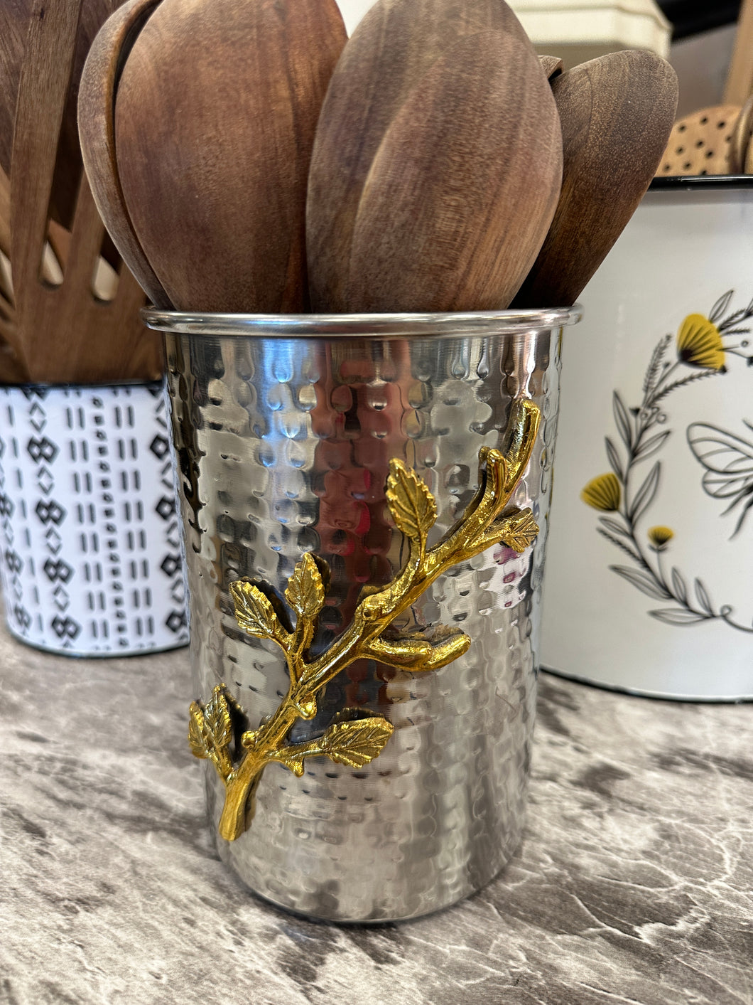 Galvanized Silver & Gold Branch Utensil Tin
