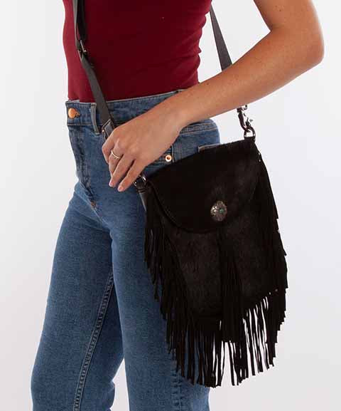 Black Leather Fringe Crossbody Bag