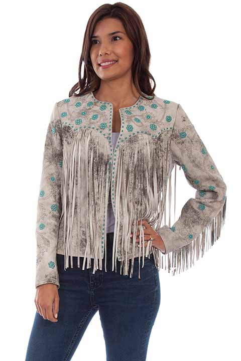 Beige Leather Jacket with Fringe and Turquoise S/L